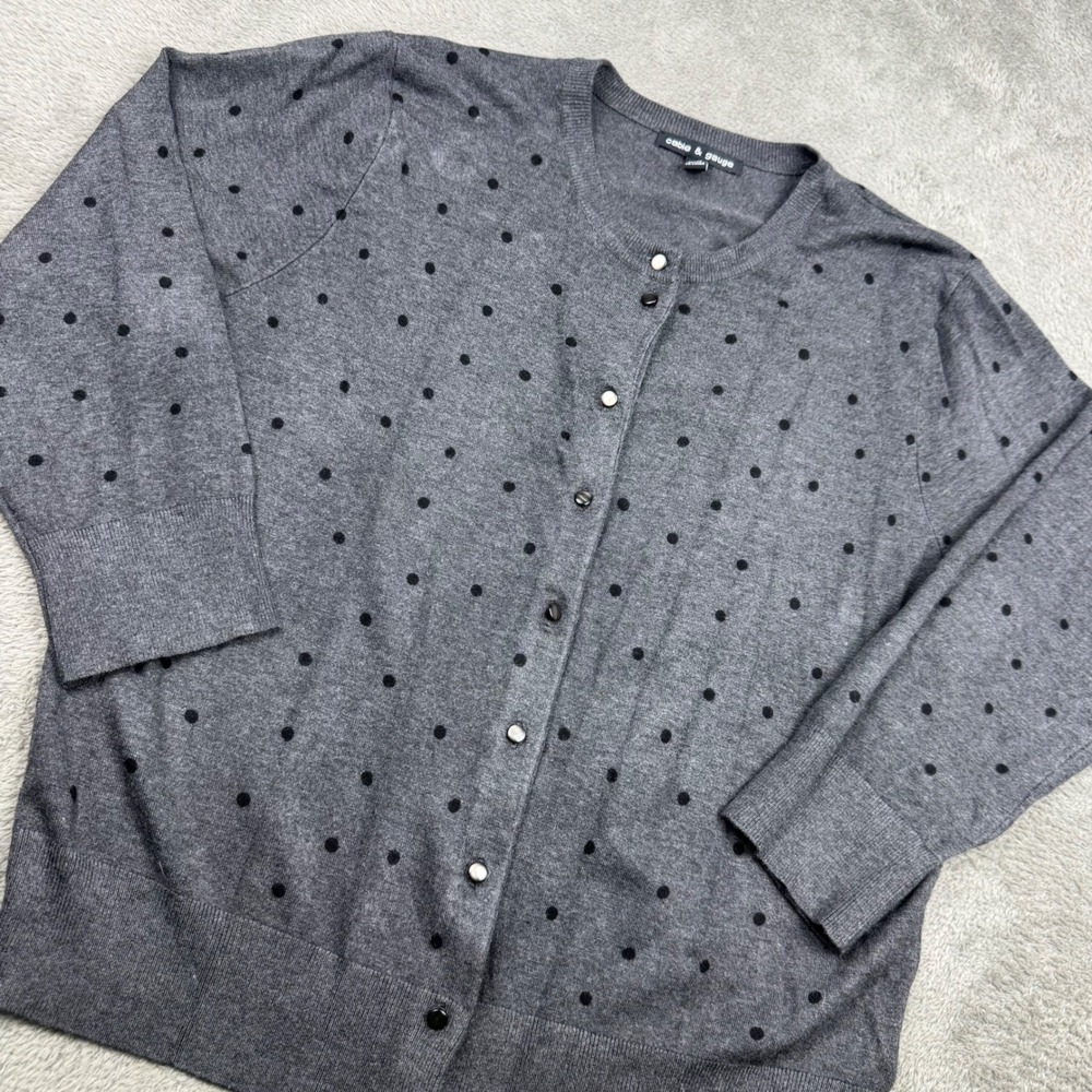 Cable & Gauge Cardigan Women Large Gray Polka Dot Excellent 3/4 Sleeve Button Up